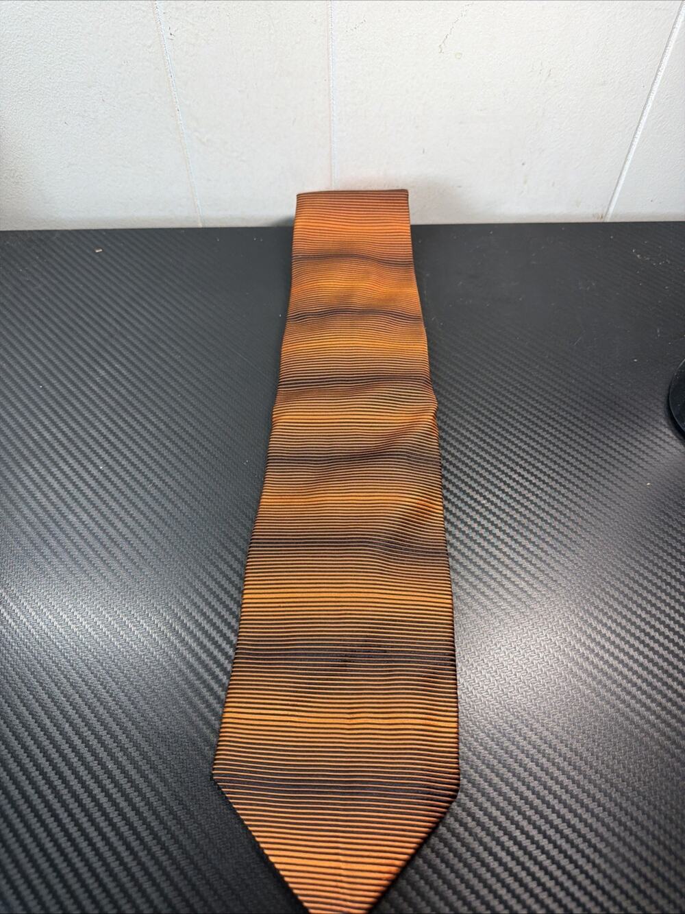 SAKS FIFTH AVENUE Orange & Black Lines Stripes SILK TIE made in ITALY J2